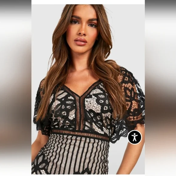 Boohoo Cream and Black Lace Dress, Sz 10, 19" PTP, 16" Waist, 33" L - Picture 4 of 8